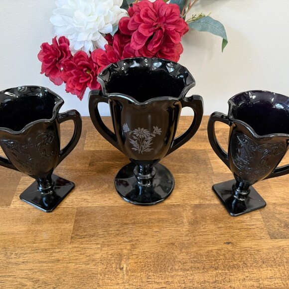 Black Amethyst Art Deco Style Trophy Vases Etched Floral and Dancing Nymph Decor - Picture 2 of 8